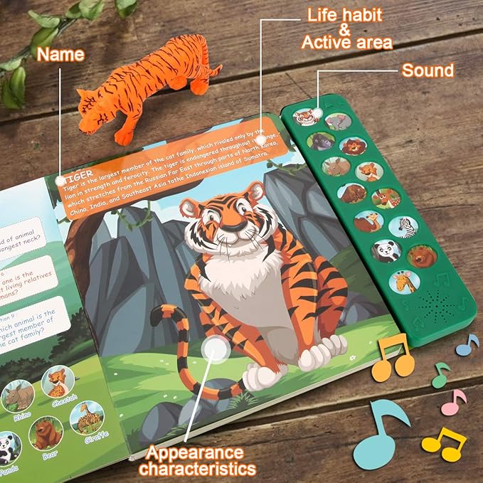 Safari Animals Figures Toys - 13 Realistic Wild Plastic Animal Figurines & Kids Sound Book - Educational Learning Toys Gift for 3 Years Old & Up Boys Girls Toddlers