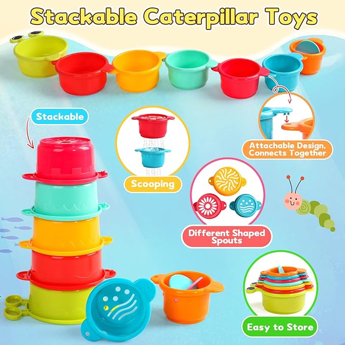 Baby Bath Toys for Kids Ages 1-3 Toddler Bath Toys Mold Free Bathtub Toys for 12+ Months Pool Water Table Beach Sand Toys Stacking Cups Floating Boats for 1+ Years Old Girls Boys Gifts 13 PCS