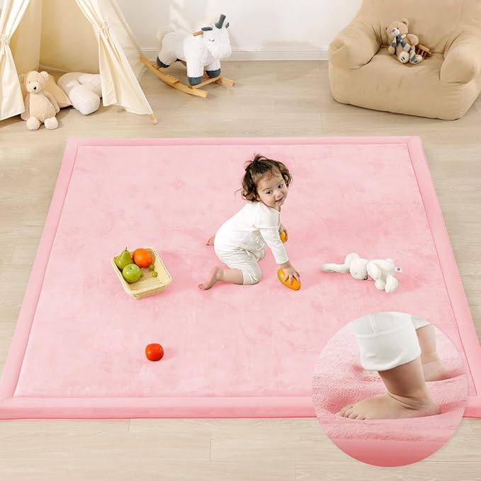 1.3" Thick Baby Floor Play Mat, 50x74 Padded Foam Tummy Time Crawling Mat, Non-Slip Water-Repellent Soft Plush Nursey Area Rug for Playroom Bedroom Living Room (Pink)