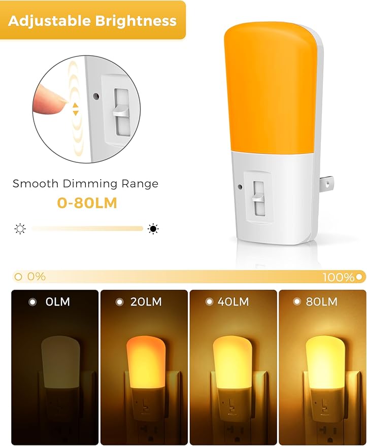 L LOHAS LED Amber Night Light, Dimmable Plug in Yellow Night Light with Dusk to Dawn Sensor, Kids Night Lights for Bedroom, 5-80LM Suit for Nursery, Hallway, Stairway,Bedroom, Bathroom, 2Pack