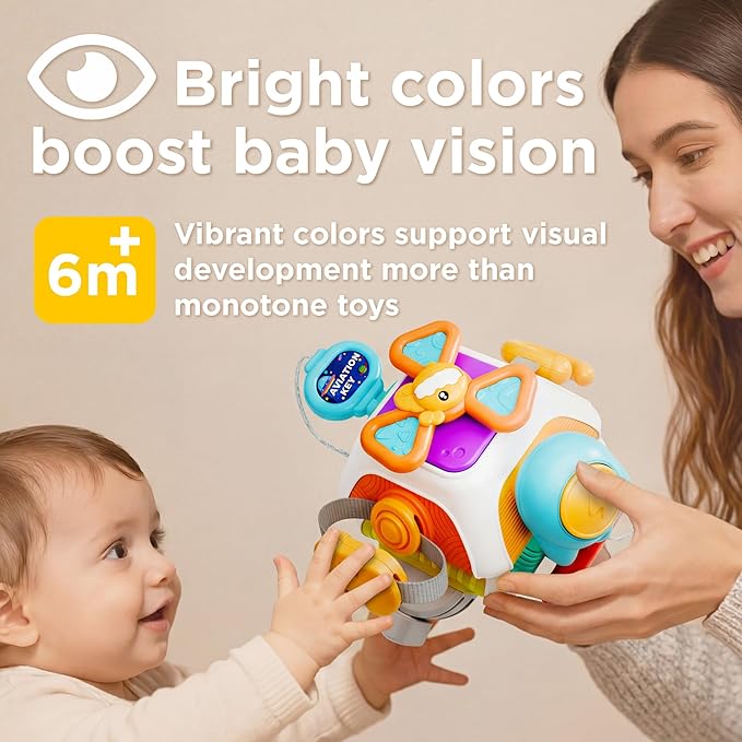 iPlay, iLearn 10 in 1 Baby Busy Board Cube, Montessori Sensory Toy Toddler 1-3, Infant Carseat Plane Travel Game, Kid Education Learning Activity, Birthday Gift 9 10 12 18 Month 1 2 Year Old Boy Girl