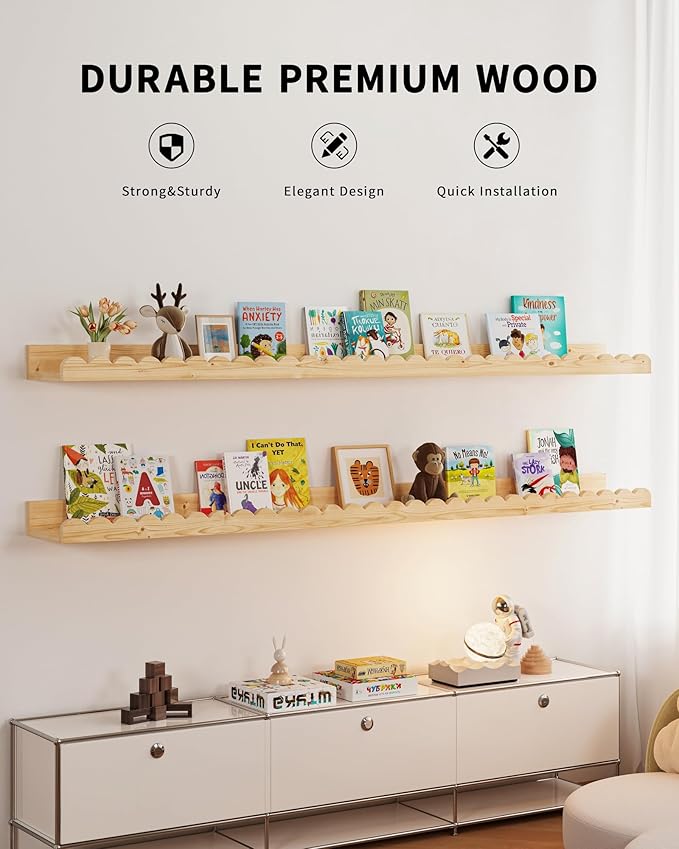 Shario Nursery Book Shelves, 4-Pack White Floating Shelves for Wall Kids, Scalloped Shelves, Wall Book Shelves for Bedroom Kids, Toddler Room, Baby Room, Nursery Decor (Wood, 47.2 Inches)