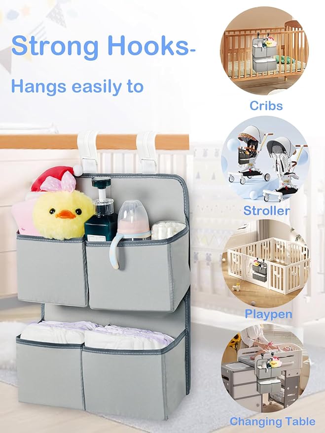 Hanging Diaper Organizer for Crib/Playard/Bassinet – H19 x L15 Hold 80+ Diapers - Changing Table Diaper Holder - Hanging Diaper Stacker Nursery Caddy Organizer for Boy or Girl (Silver-grey)
