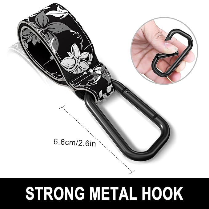 Baby Stroller Hooks for Hanging Bags, Universal Stroller Clips Accessories, Mommy Hook for Diaper Bag, Shopping Cart, Purse, Backpack - 2 Pack, Black Flower