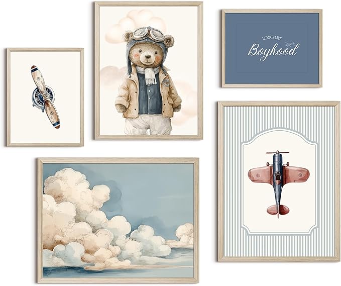 Teddy Bear Nursery Wall Art Decor Vintage Boy Room Pictures Baby Boy Nursery Canvas Wall Decor Blue Vintage Airplane Poster Kids Travel Aviation Prints for Playroom Bedroom 12x16x5 Inch Wood Framed