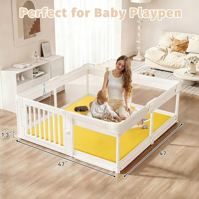 Waterproof Baby Play Mat for Floor 1.3"Thick Memory Foam 47*47 Cushion Playpen Playmat Tummy Time Crawling Mat Nursery Rug Pad Mattress Create Soft & Safe Area for Infants,Toddler,Kid,Yellow