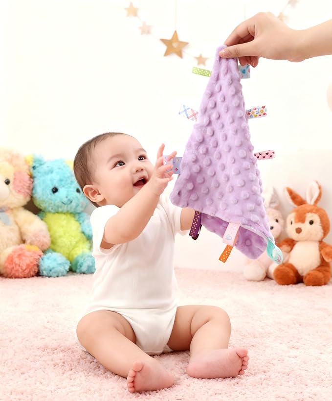 CREVENT Tag Security Blankets for Babies, Soft Small Loveys for Boys, Baby Comforter Sensory Blanket, Great Gifts for Birthday Baby Shower (10"X10" GiraffeDot+Purple)