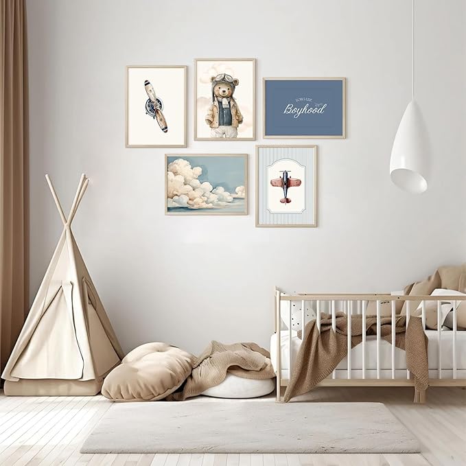 Teddy Bear Nursery Wall Art Decor Vintage Boy Room Pictures Baby Boy Nursery Canvas Wall Decor Blue Vintage Airplane Poster Kids Travel Aviation Prints for Playroom Bedroom 8x10x5 Inch Wood Framed