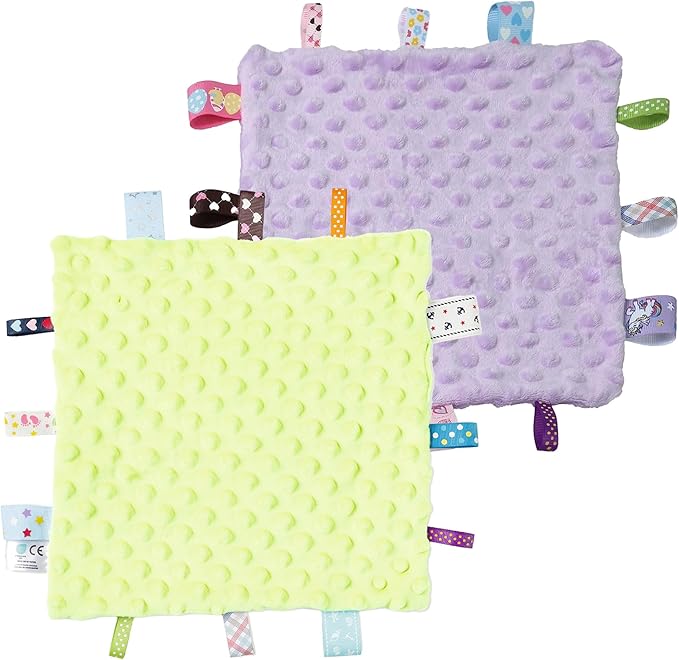 CREVENT Tag Security Blankets for Babies, Soft Small Loveys for Boys, Baby Comforter Sensory Blanket, Great Gifts for Birthday Baby Shower - 10"X10" Green + Purple