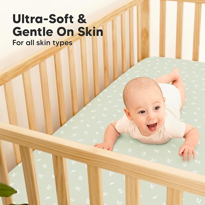 2-Pack Waterproof Baby Crib Sheets for Boys, Girls - 52x28 Viscose Derived from Bamboo Toddler Bed Sheet Neutral, Fitted Crib Mattress Protector Cover for Baby Bedding, Soft & Gentle (Herb)