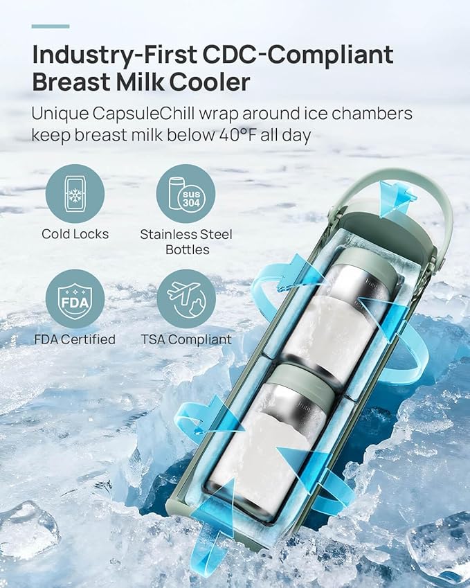 Papablic Innovative 360° CapsuleChill Breastmilk Cooler for 36H Safe Storage, 20oz Stress-Free Portable Breast Milk Chiller with 2pcs Stainless Steel Baby Bottles for Work & Travel, Mint Green