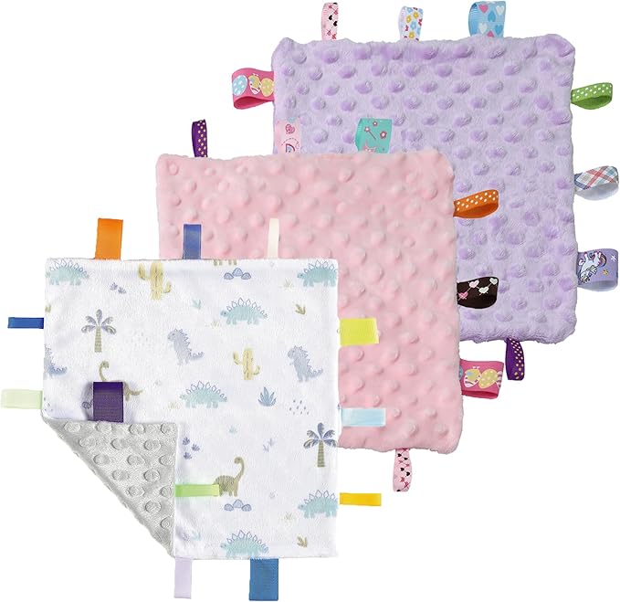 CREVENT Tag Security Blankets for Babies, Soft Small Loveys for Boys, Baby Comforter Sensory Blanket, Great Gifts for Birthday Baby Shower (10"X10" Dino + Pink + Purple)