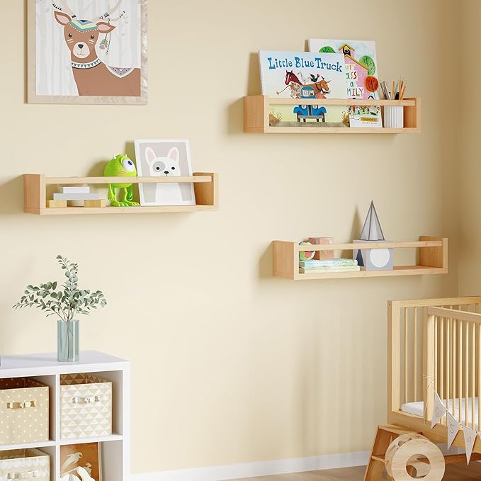 Fixwal Nursery Shelves, 16.5 Inch Floating Bookshelves for Wall Set of 3, Baby Nursery Decor, Solid Wood Wall Mounted Shelves for Books (Natural Wood)