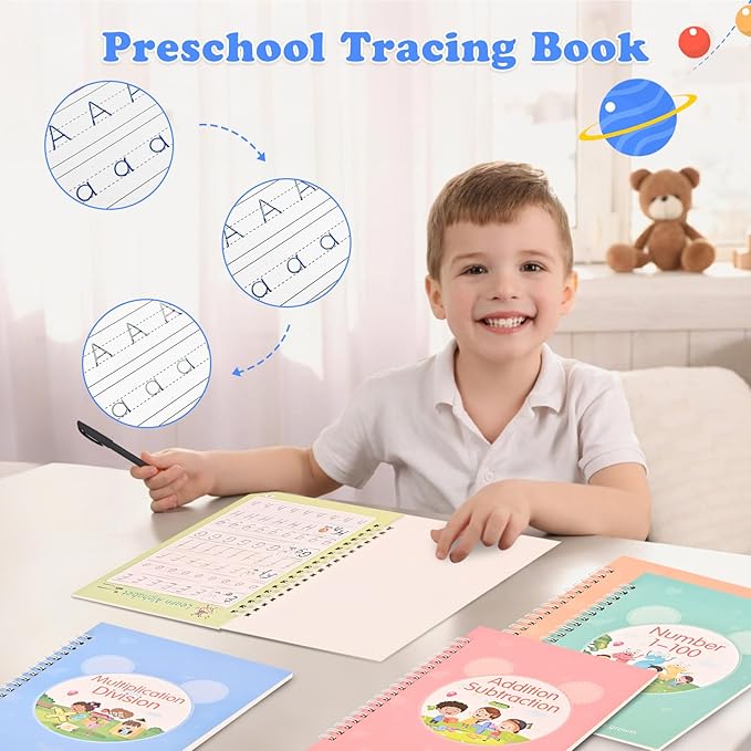 AALGO Magic Grooved Practice Copybook 5 Pack with Pens, Reusable Grooved Handwriting Workbooks,Learn to Write Letters Numbers,Math,Tracing for Kids Ages 3-8