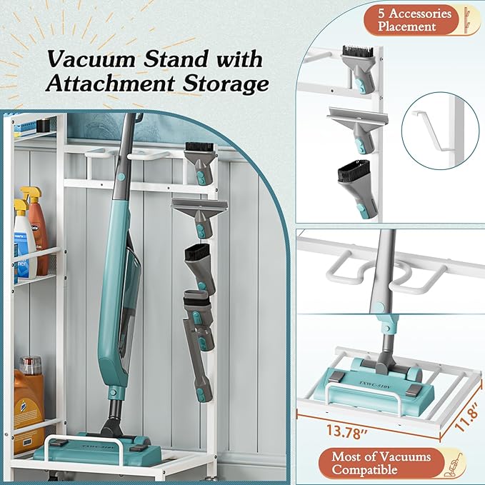 Broom Holder with Cleaning Supplies Organizer, Broom Closet Storage Cabinet with Cleaning Caddy Vacuum Stand, Cleaning Cart with Mop Hanger Gripper Rack Hook, Laundry Room Organization Home Essentials