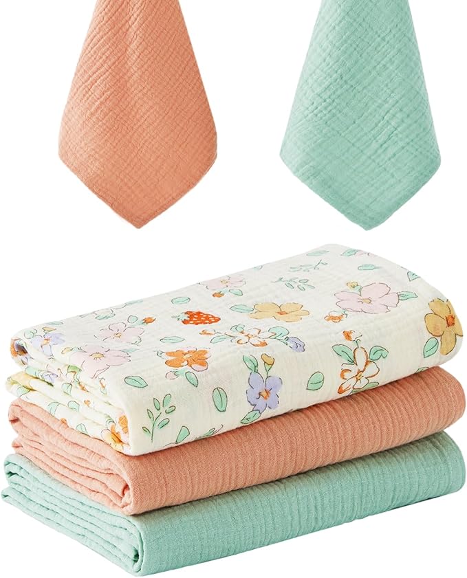5 Pack Muslin Swaddle Blankets & Baby Burp Cloths, Soft & Breathable Cotton Baby Blankets, Receiving Blankets for Newborn, Nursery Infant Essentials, Swaddling Wrap for Unisex (Pink & Green)