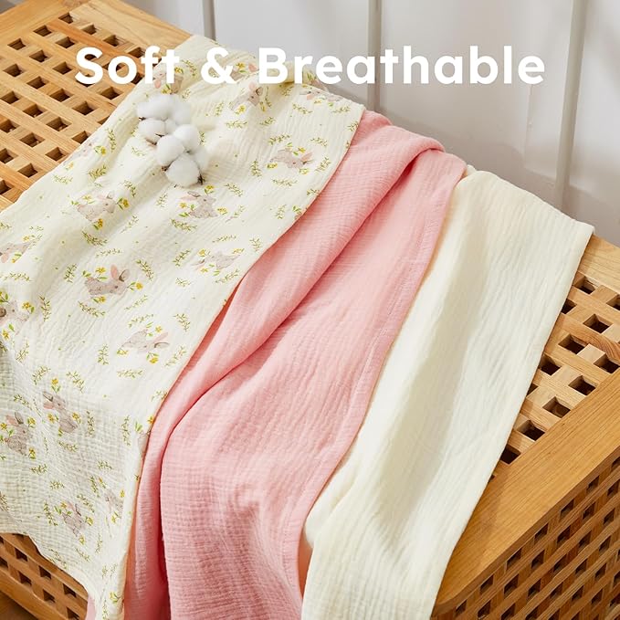 5 Pack Muslin Swaddle Blankets & Baby Burp Cloths, Soft & Breathable Cotton Baby Blankets, Receiving Blankets for Newborn Girl, Nursery Infant Essentials, Swaddling Wrap for Unisex (Pink & White)