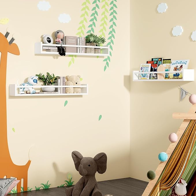 Fixwal Nursery Book Shelves, 23.6 Inch Floating Bookshelf for Wall, Set of 3, Nursery Decor, Solid Wood Wall Mounted Shelves for Books, Toys and Decor Storage (White)