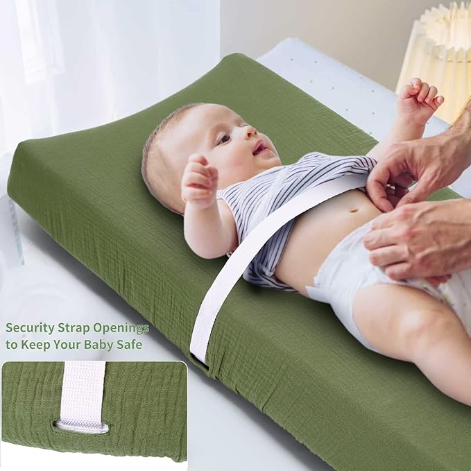Muslin Changing Pad Cover for Baby Girls Boys-2 Pack 17"x 33" Cotton Soft Diaper Changing Pad Cover-Breathable Changing Pad Sheets-Neutral Boho Olive Green & Beige