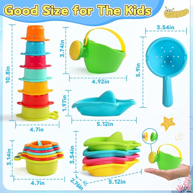Baby Bath Toys for Kids Ages 1-3 Toddler Bath Toys Mold Free Bathtub Toys for 12+ Months Pool Water Table Beach Sand Toys Stacking Cups Floating Boats for 1+ Years Old Girls Boys Gifts 13 PCS