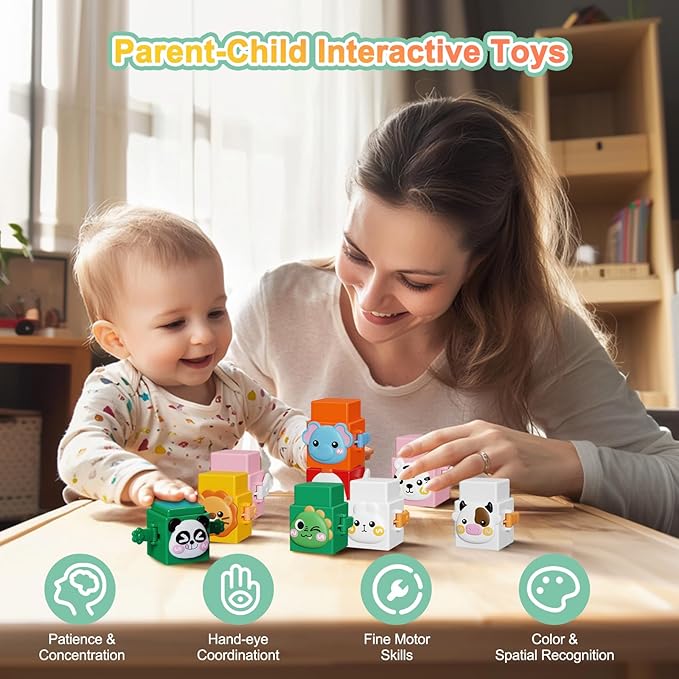 12 PCS Stacking Toys Set for Toddlers 18+ Months 1 2 3 4 Years Old Boys Girls Preschool Pressable Animals Stacking Blocks Sensory Toys with Cute Expressions Fun Easter Birthday Gifts for Kids
