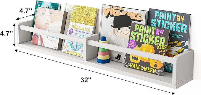 Fixwal Nursery Bookshelves, 32in Floating Bookshelves for Wall Set of 3, Wood Wall Mounted Floating Shelves for Baby Nursery Decor, Toys and Decor Storage (White)