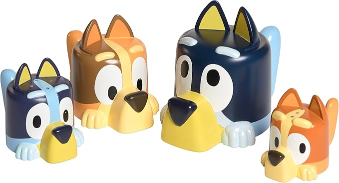 TOMY Toomies Bluey Bath Toys - Bluey's Family Pourers - Includes Chilli, Bandit, Bingo and Bluey Figures - Nesting and Stacking Cups for Bath, Beach or Pool - 4 Count - Ages 18 Months and Up