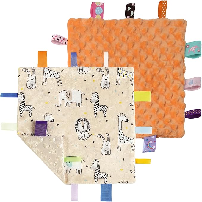 CREVENT Tag Security Blankets for Babies, Soft Small Loveys for Boys, Baby Comforter Sensory Blanket, Great Gifts for Birthday Baby Shower (10"X10" Zoo + Oragne)