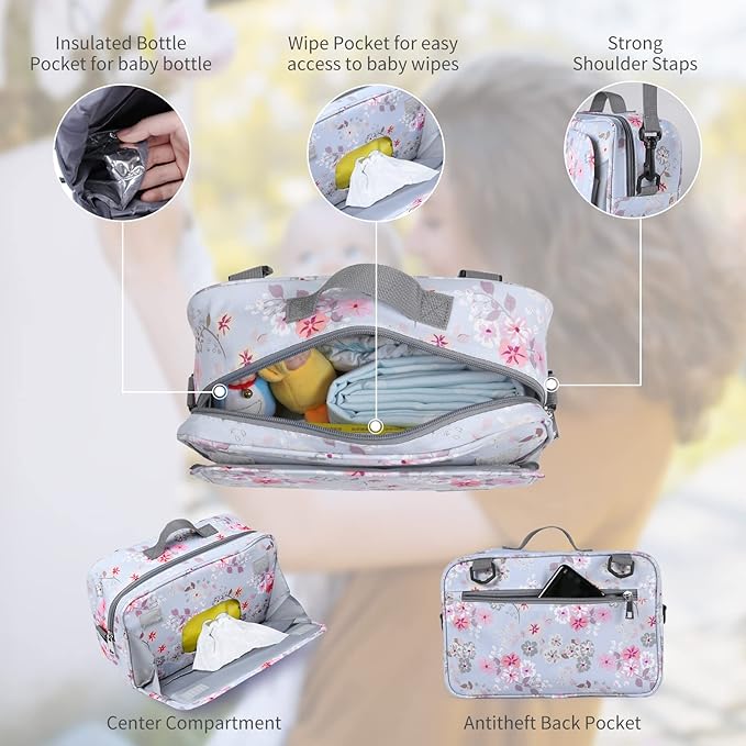 GOGOSO Baby Stroller Organizer Bag with Insulated Pocket, Universal Fit Most Strollers, Space for Diapers, Wipes & Toys, Flowers