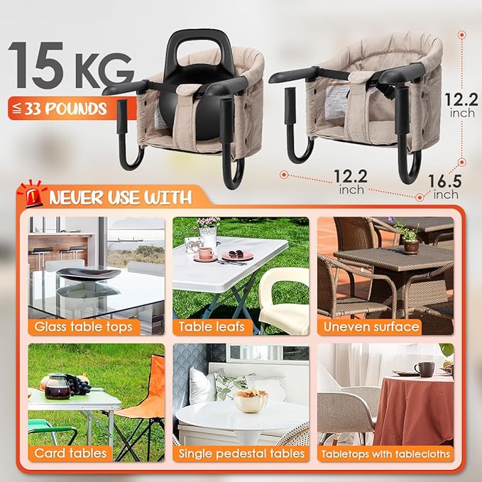 Hook On High Chair - Portable & Foldable for Babies 6-36 Months, Family & Travel Use with Carry Bag(Khaki)