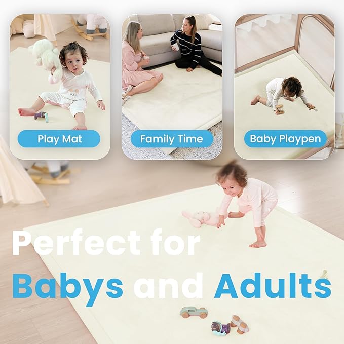 1.3" Thick Baby Floor Play Mat, 50x74 Padded Foam Tummy Time Crawling Mat, Non-Slip Water-Repellent Soft Plush Nursey Area Rug for Playroom Bedroom Living Room (Ivory)