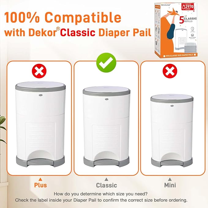 5 Pack Refills Compatible with DEKOR CLASSIC Diaper Pails | 20% Extra Length Diaper Pail Refill Bags Liners Holds 2970 Diapers | Ultimate Odor Control with Baby Scented