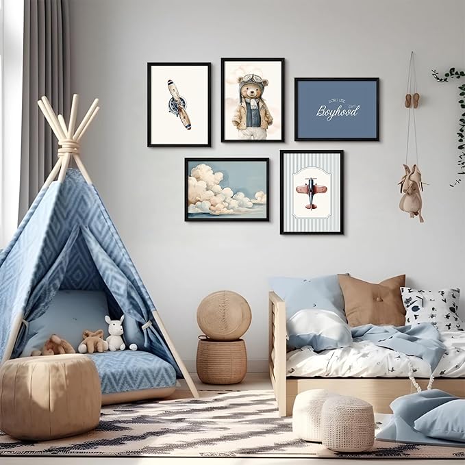 Teddy Bear Nursery Wall Art Decor Vintage Boy Room Pictures Baby Boy Nursery Canvas Wall Decor Blue Vintage Airplane Poster Kids Travel Aviation Prints for Playroom Bedroom 12x16x5 Inch Framed