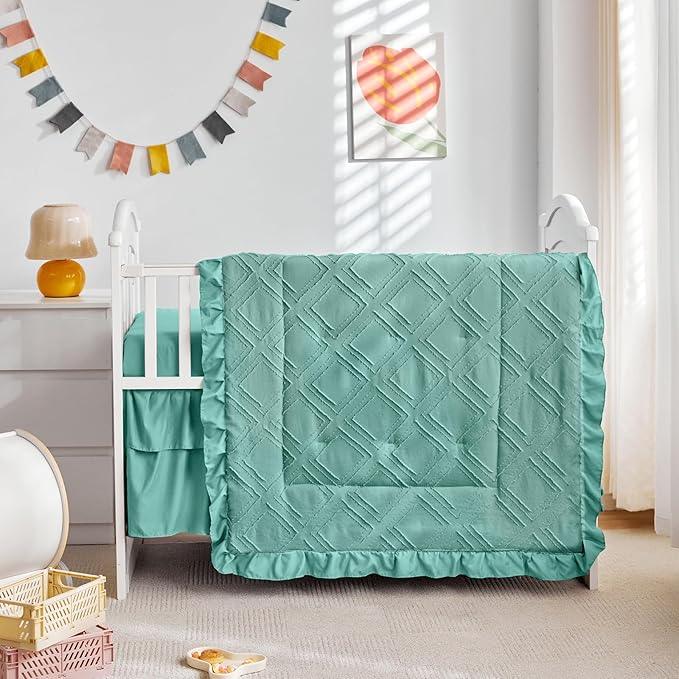 Mini Crib Bedding Set 3 Pieces Baby Boho Quilted Tufted Ruffles Comforter with Fitted Sheet and Ruffled Bed Skirt - Cute Shabby Baby Bedding Fits Mini Crib Only Teal Blue