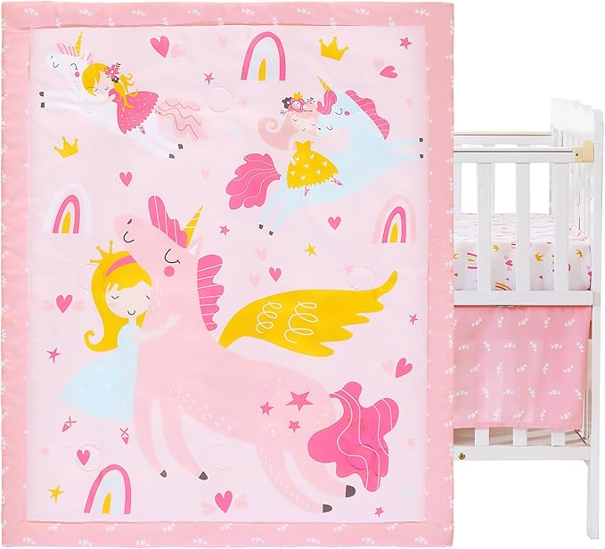 Crib Bedding Set for Boys Girls, 3 Piece Baby Bedding Sets Nursery Crib Sets Newborn & Infant & Toddler, Crib Set Include Quilted Comforter + Crib Skirt + Fitted Sheet - White Unicorn