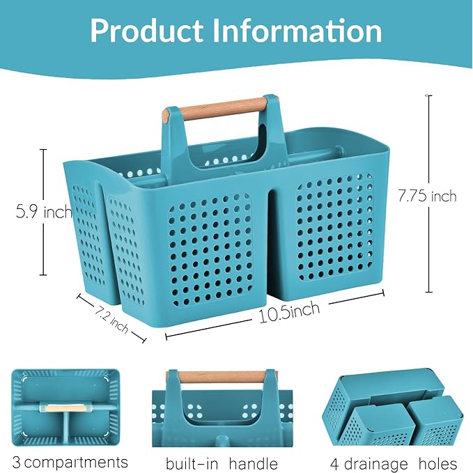 Portable Shower Caddy Basket with Compartments, Plastic Divided Cleaning Caddy Organizer Storage Tote with Handle for Bathroom, College, Dorm Room Essentials, Green