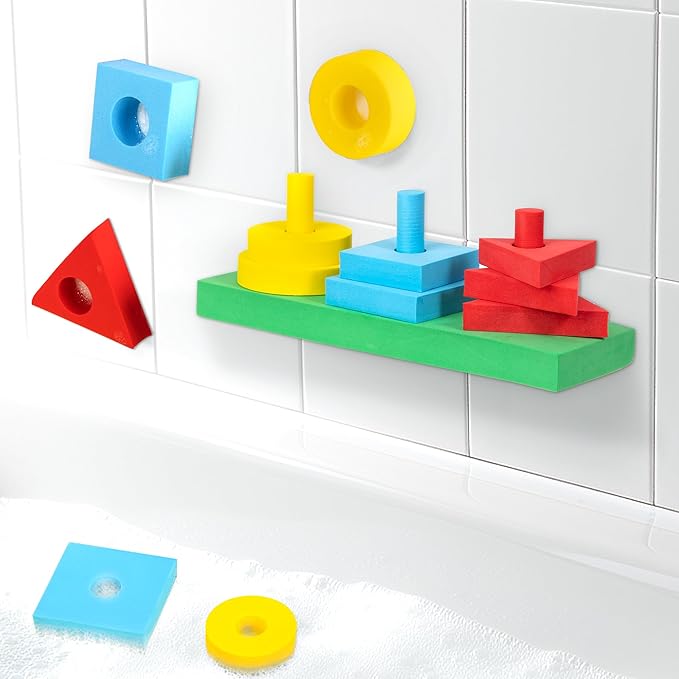 3-in-1 Bath Toys for Toddlers 1-3, Mold Free Foam Sorting & Stacking Sensory Toys - Suction Cup, Shape Color Size Learning Water Toy, Montessori Baby Bathtub Wall Toy for Kids Ages 1-3 2-4