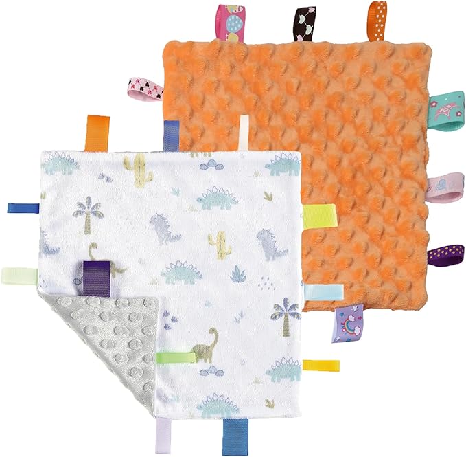 CREVENT Tag Security Blankets for Babies, Soft Small Loveys for Boys, Baby Comforter Sensory Blanket, Great Gifts for Birthday Baby Shower (10"X10" Dino + Orange)