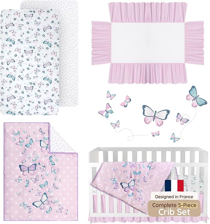 Butterfly Baby Crib Bedding Set Girl 28"x52", 8" Deep Pocket - 5 pcs Baby Bedding Set with Blanket, 2 Crib Sets for Girls Cotton Fitted Sheets, Skirt, and Butterfly Wall Sticker - White & Pink