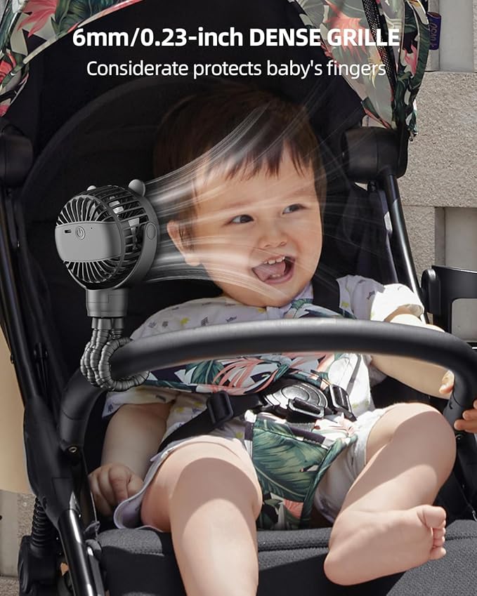 Portable Stroller Mini Fan, Small Rechargeable Personal Cooler w/ 360° Rotation, Baby Essentials for Car Seat, Crib, Bike, Treadmill, 3-Speed Battery Powered Stroller Accessories, Coal
