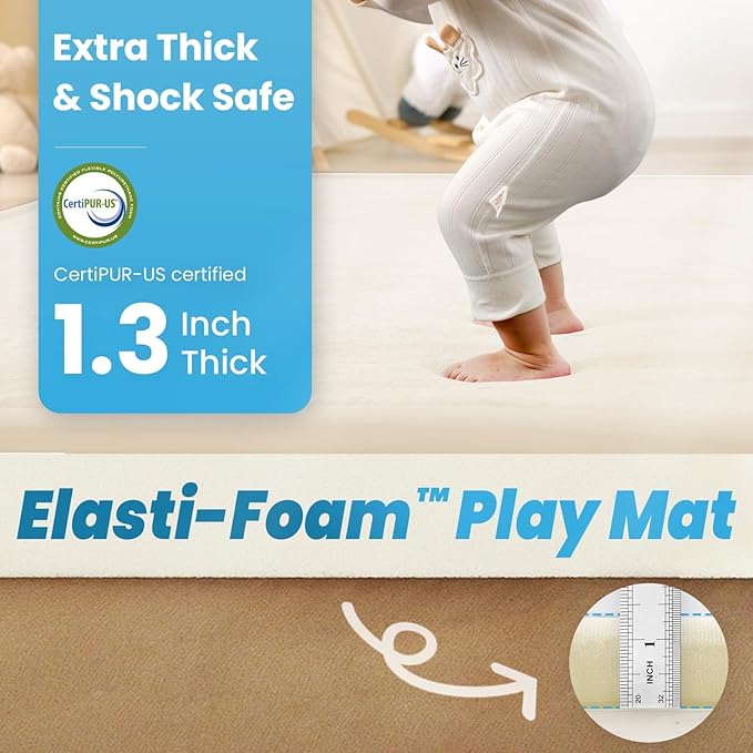 1.3" Thick Baby Floor Play Mat, 50x74 Padded Foam Tummy Time Crawling Mat, Non-Slip Water-Repellent Soft Plush Nursey Area Rug for Playroom Bedroom Living Room (Ivory)