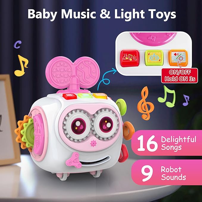 Musical Montessori Toys, Cube Sensory Toys for Toddlers 1-3 with Light-up, Baby Busy Educational Learning Activities Robot Toy for for 1 2 3 Year Old - Pink