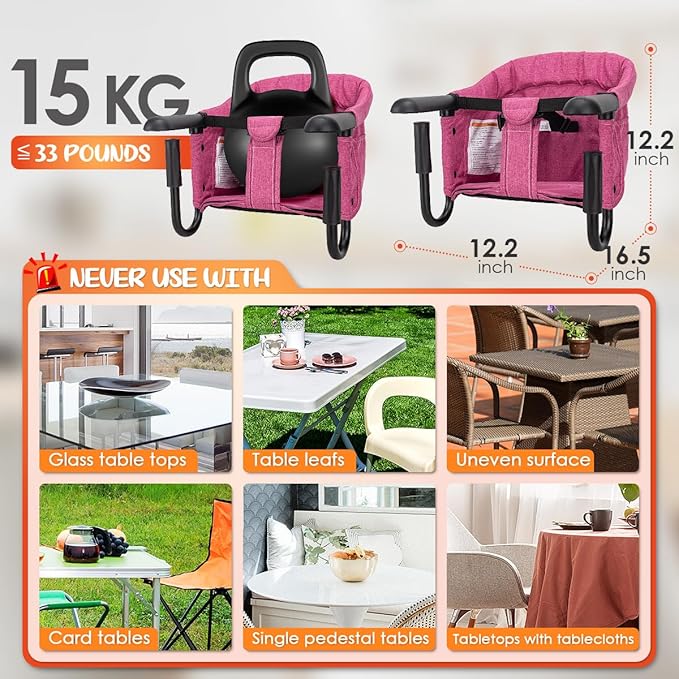 Hook On Chair with Removable Dining Tray,Portable Hook-On Chairs with Storage Bag,for Home and Travel(Rose Red)