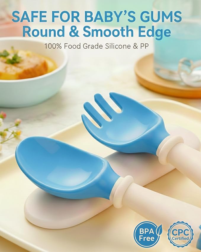 Deejoy Toddler Utensils, Self-feeding Flatware Set withTravel Case, Baby Spoons and Forks with Silicone Bendable Handle, Easy Grip Heat-Resistant, Ideal for Kids, Stage 2, 2 Sets Yellow+Blue