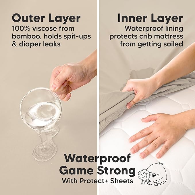 2-Pack Waterproof Baby Crib Sheets for Boys, Girls - 52x28 Viscose Derived from Bamboo Toddler Bed Sheet Neutral, Fitted Crib Mattress Protector Cover for Baby Bedding, Soft & Gentle (Bumble Bear)