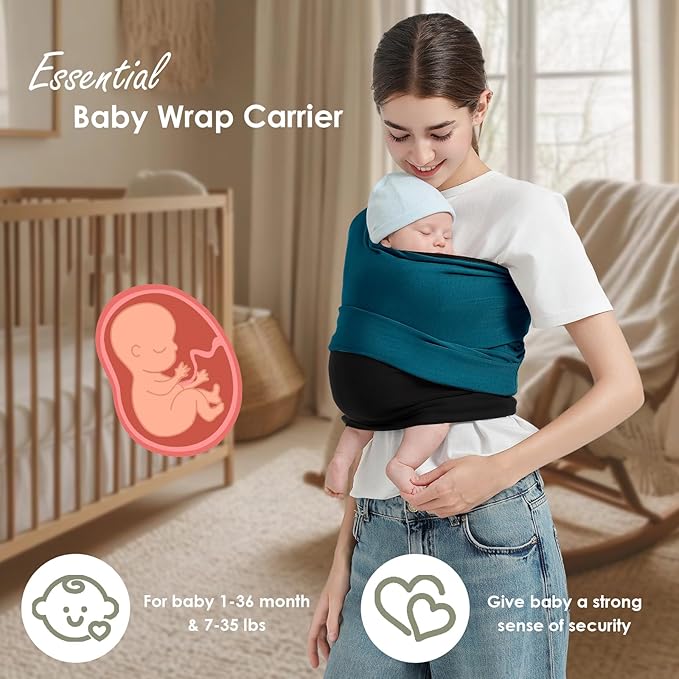 Baby Wrap Carrier, Lightweight Baby Wearing Wraps for Newborn and Infant, Soft Swaddle Holder Carrier, Cozy Baby Sling 7-35 lbs Black+Blue