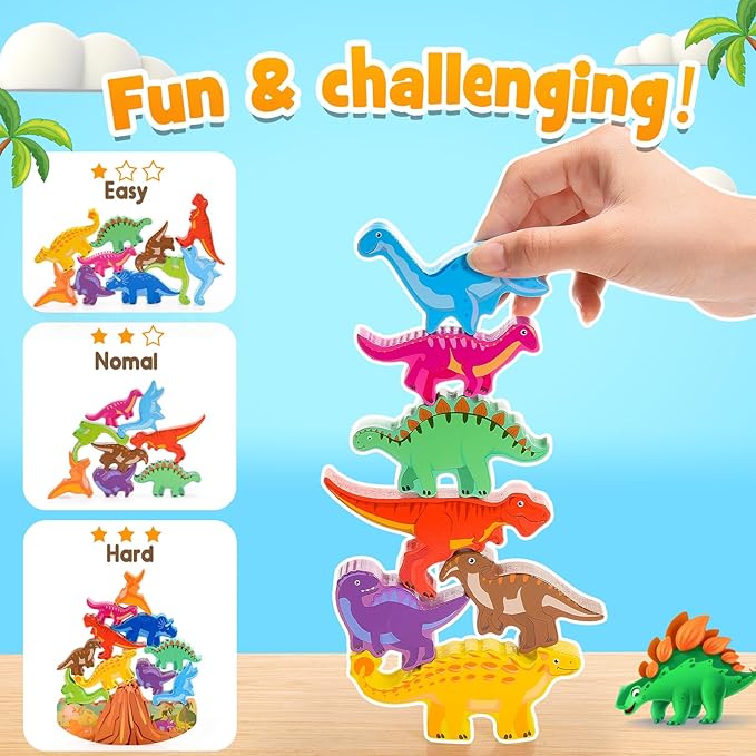 Dinosaur Toys for Kids 3-8 Kid Wooden Stacking Blocks Montessori Toy for 3 4 5 6 7 8 Year Old Boys Girls Christmas Birthday Gifts Toddler Balance Game Ages 3-5 Toys for Boy Girl Age 5-7