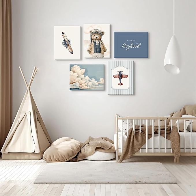 Teddy Bear Nursery Wall Art Decor Vintage Boy Room Pictures Baby Boy Nursery Canvas Wall Decor Blue Vintage Airplane Poster Kids Travel Aviation Prints for Playroom Bedroom 12x16x5 Inch Wrapped Canvas