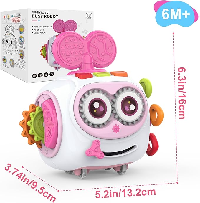 Musical Montessori Toys, Cube Sensory Toys for Toddlers 1-3 with Light-up, Baby Busy Educational Learning Activities Robot Toy for for 1 2 3 Year Old - Pink