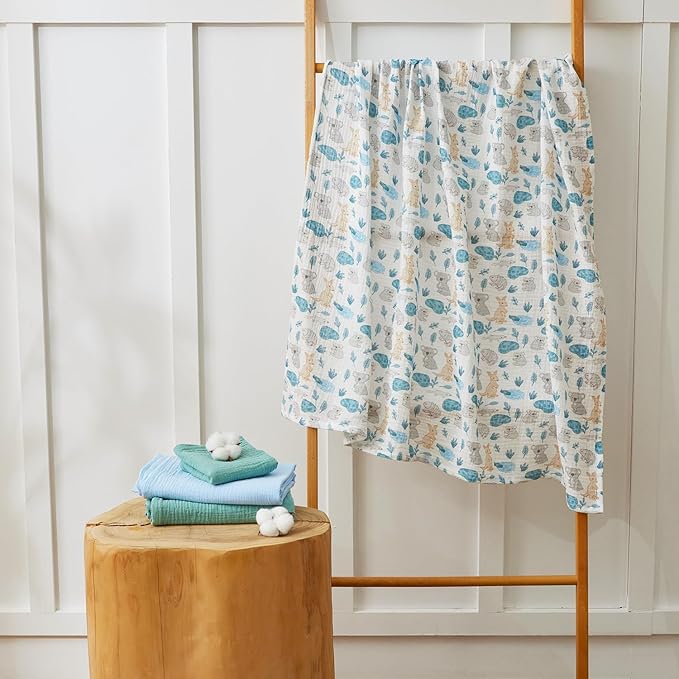 5 Pack Muslin Swaddle Blankets & Baby Burp Cloths, Soft & Breathable Cotton Baby Blankets, Receiving Blankets for Newborn Boy, Nursery Infant Essentials, Swaddling Wrap for Unisex (Blue & Teal)